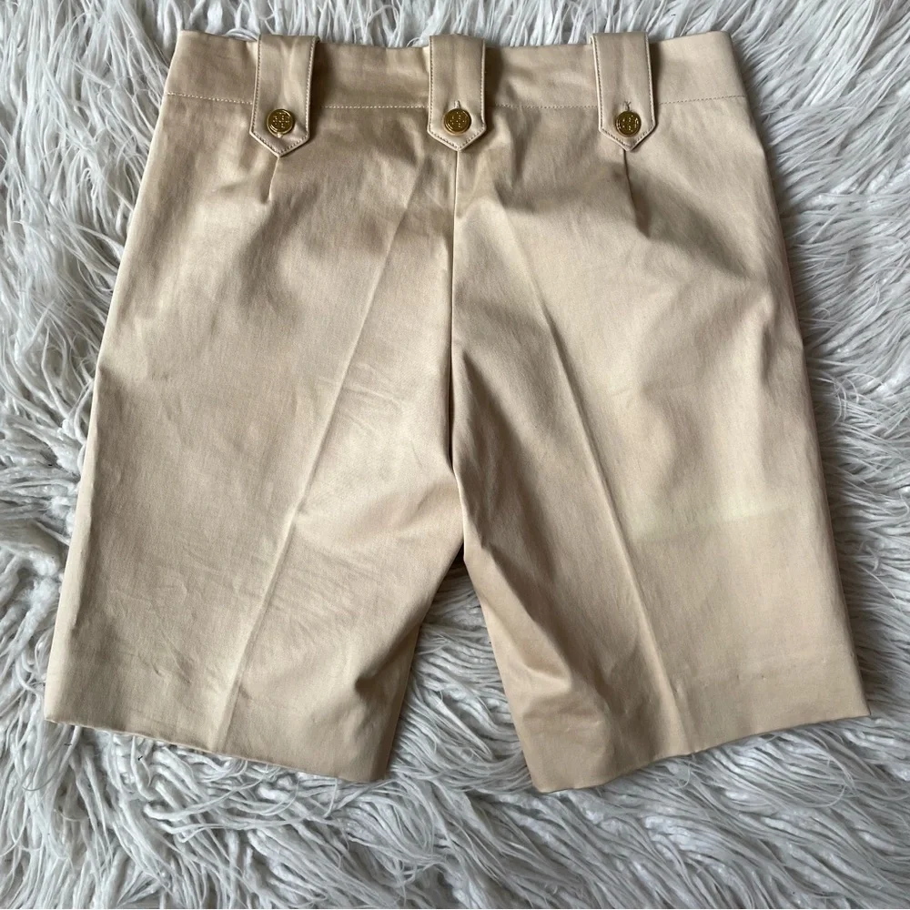 Tory Burch Chino Khaki Tan Beige Logo Buttons Stretch Cotton Bermuda Shorts Sz 0